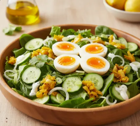 grüner Blattsalat mit gekochten Eiern und einem leichten Dressing