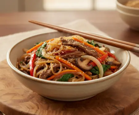 Klassisches koreanisches Japchae: Glänzende Glasnudeln mit buntem Gemüse, Shiitake-Pilzen und Sesam-Dressing in einer Schüssel.