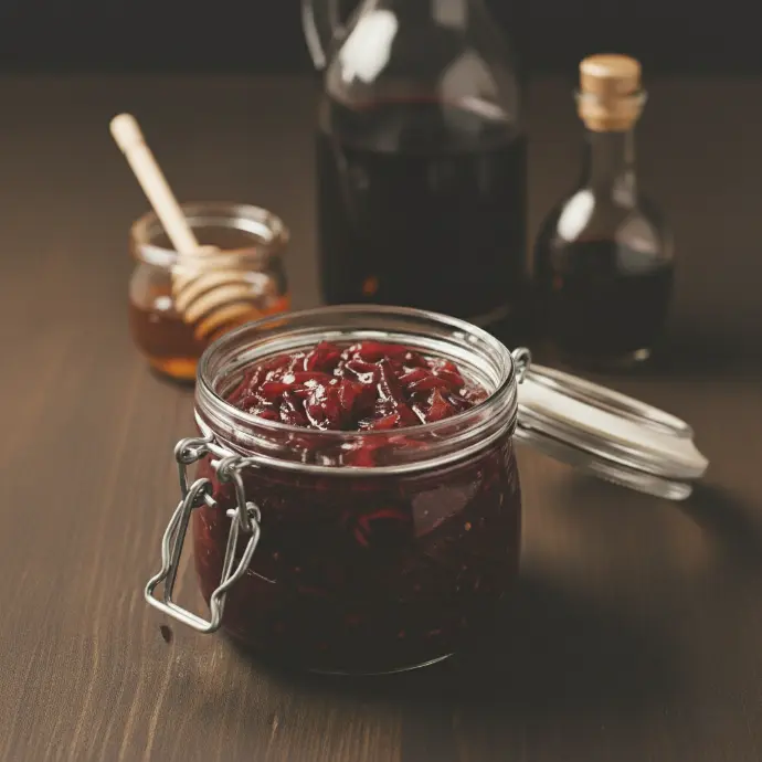 Karamellisiertes rotes Zwiebel-Chutney mit glänzender Textur, serviert in einem kleinen Einmachglas