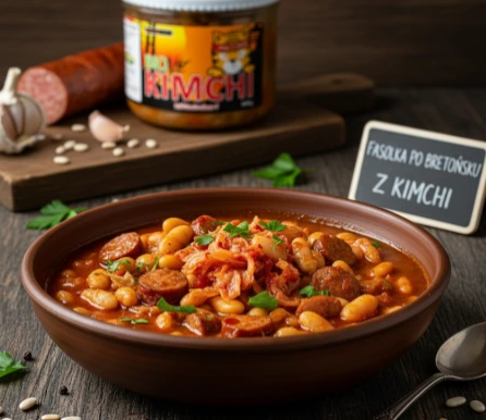 Deftiger Eintopf aus weißen Bohnen in Tomatensoße mit Kiełbasa-Scheiben, zarten Fleischstücken und PANJANS Kimchi, garniert mit Kräutern