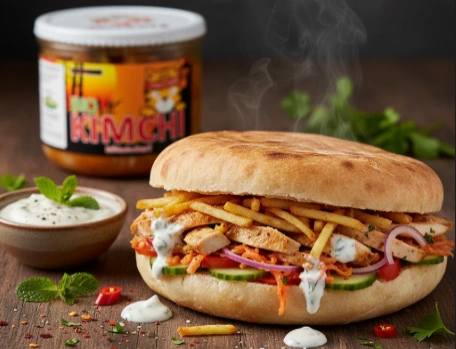 Reichhaltiger Fusion-Döner mit Fleisch, würzigem PANJANS Kimchi und knusprigen Kartoffelschnipseln, abgerundet mit cremiger Knoblauch-Joghurt-Sauce