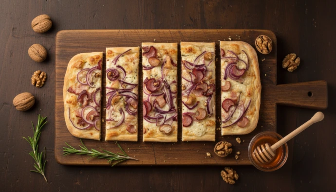 Knuspriger Flammkuchen mit Ziegenfrischkäse, roten Zwiebelringen und gehackten Walnüssen, serviert auf einem rustikalen Holzbrett
