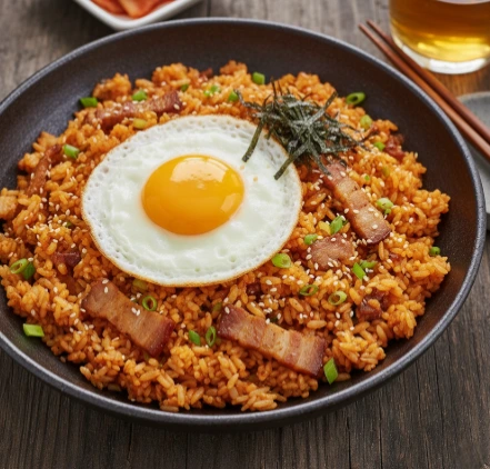 Würzig gebratener Reis mit PANJANS Kimchi und Speckstückchen, getoppt mit einem perfekt gebratenen Spiegelei mit flüssigem Eigelb