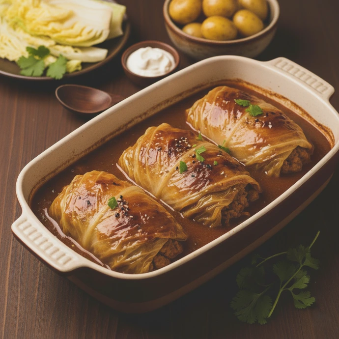 Klassische Kohlrouladen modern interpretiert mit einer Füllung aus Hackfleisch und PANJANS Kimchi – herzhaftes Schmorgericht aus dem Ofen