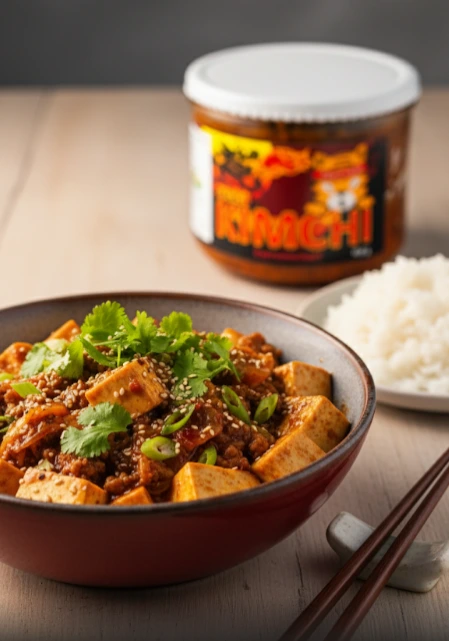 Würziges Mapo Tofu mit zarten Tofuwürfeln, PANJANS Kimchi, garniert mit frischem Koriander und weißem Sesam