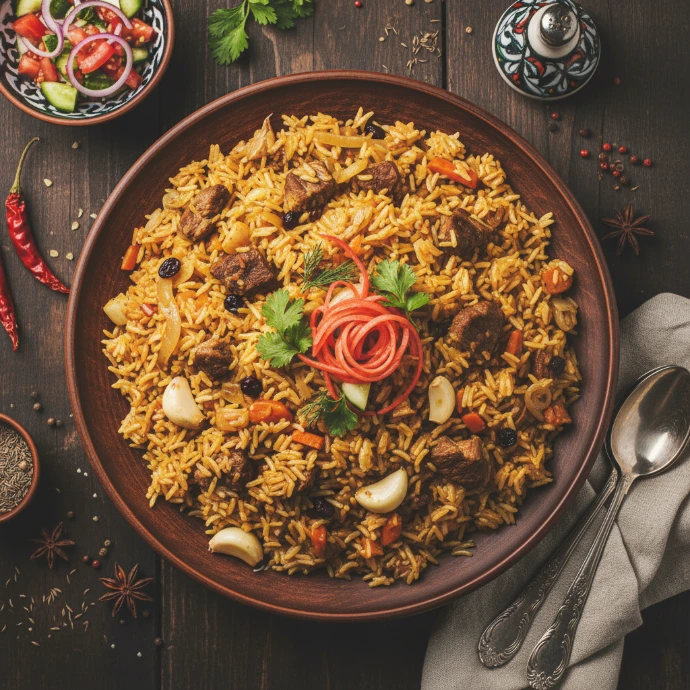 Traditioneller usbekischer Plov in einer großen Schale mit zartem Fleisch und Reis, garniert mit einer Rose aus eingelegten Zwiebeln und frischen Kräutern