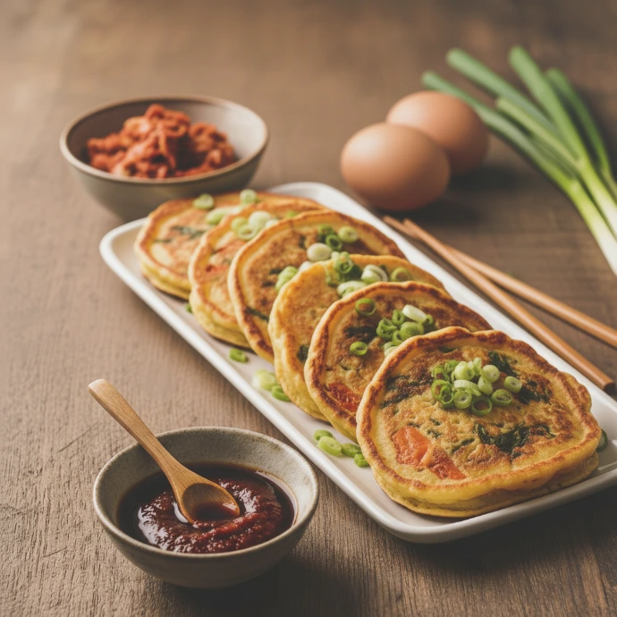 Fluffige Kimchi-Pancakes auf weißer Servierplatte mit Chili-Öl-Dip und einer Schale PANJANS Kimchi
