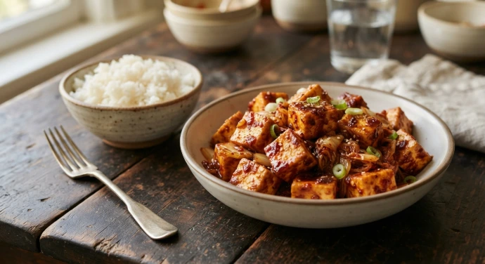 Gebratener Tofu mit Kimchi-Sauce, Reis und fermentiertem PANJANS Kimchi Gebratener Tofu mit Kimchi-Sauce, Reis und fermentiertem PANJANS Kimchi