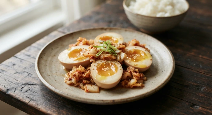 Halbierte Miso-Eier mit cremigem Eigelb, PANJANS Kimchi, Frühlingszwiebeln und Sesam